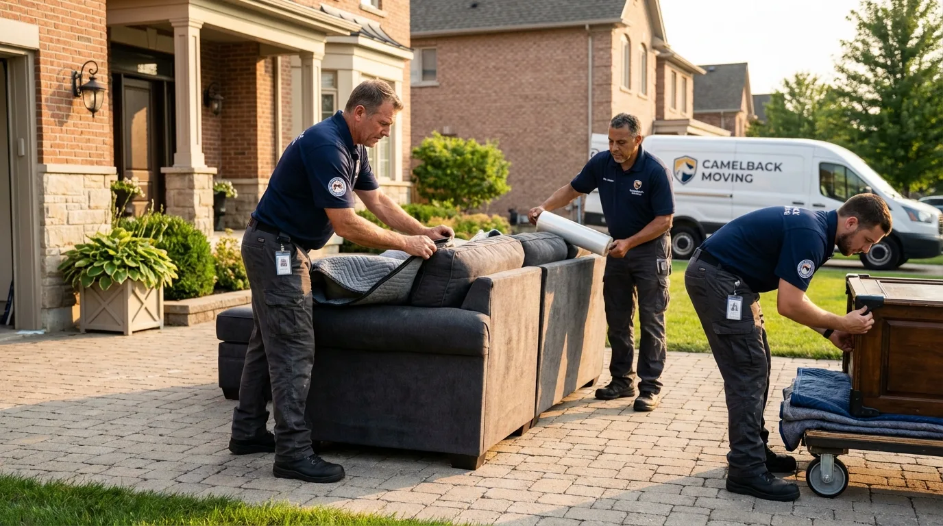 Large estate moving crew wrapping furniture in Canastota, NY