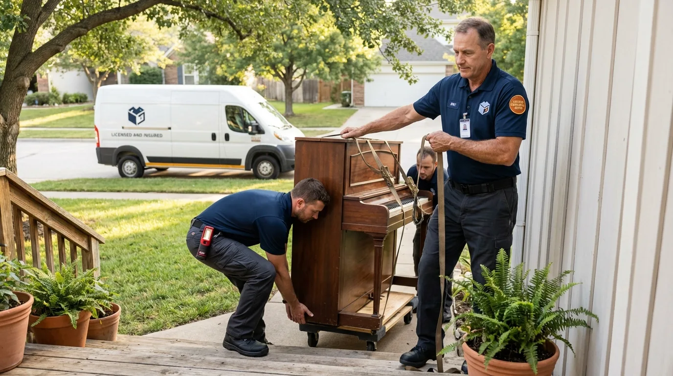 Licensed piano movers securing grand piano in Canastota, NY