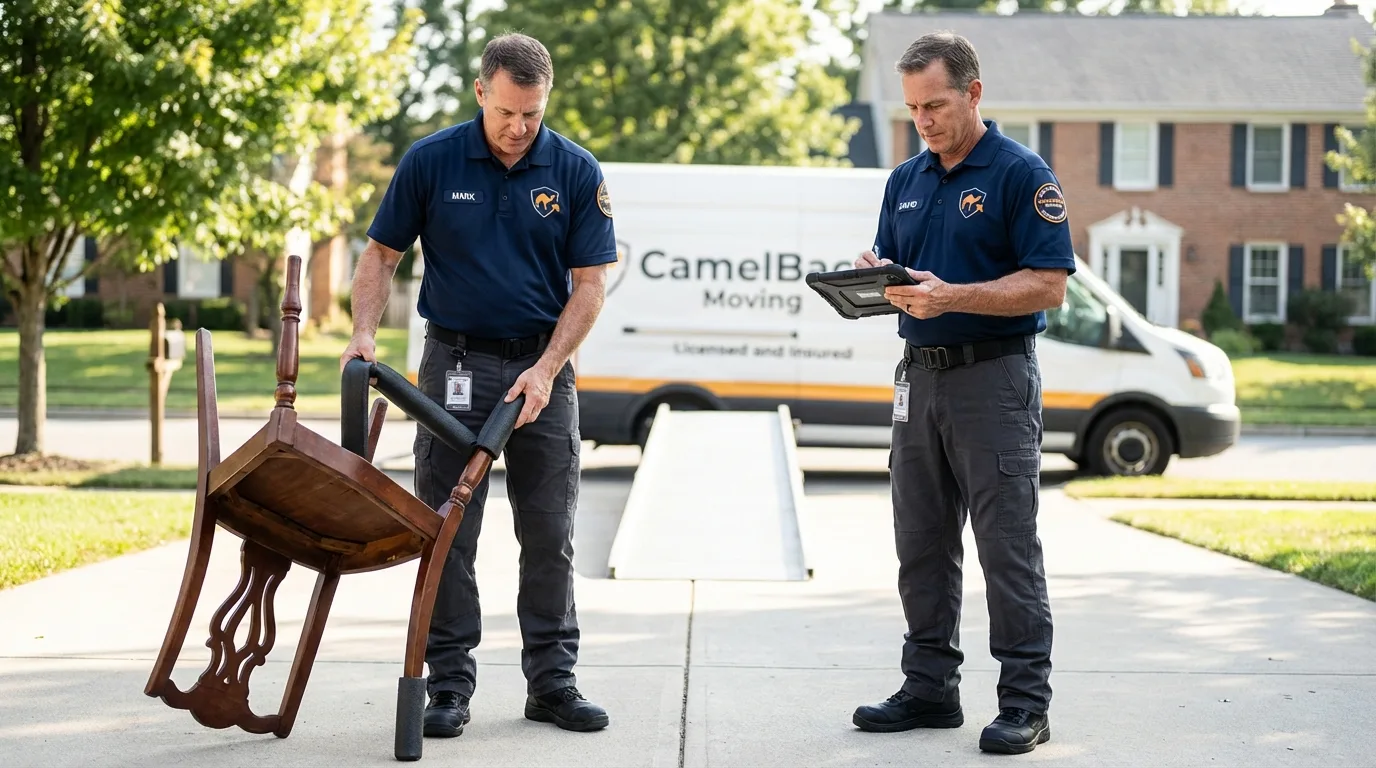 Movers inspecting furniture for damage prevention before loading in Canastota, NY