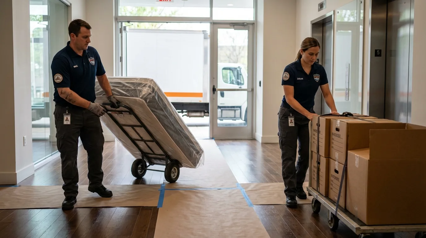 Professional apartment movers loading elevator in Canastota, NY