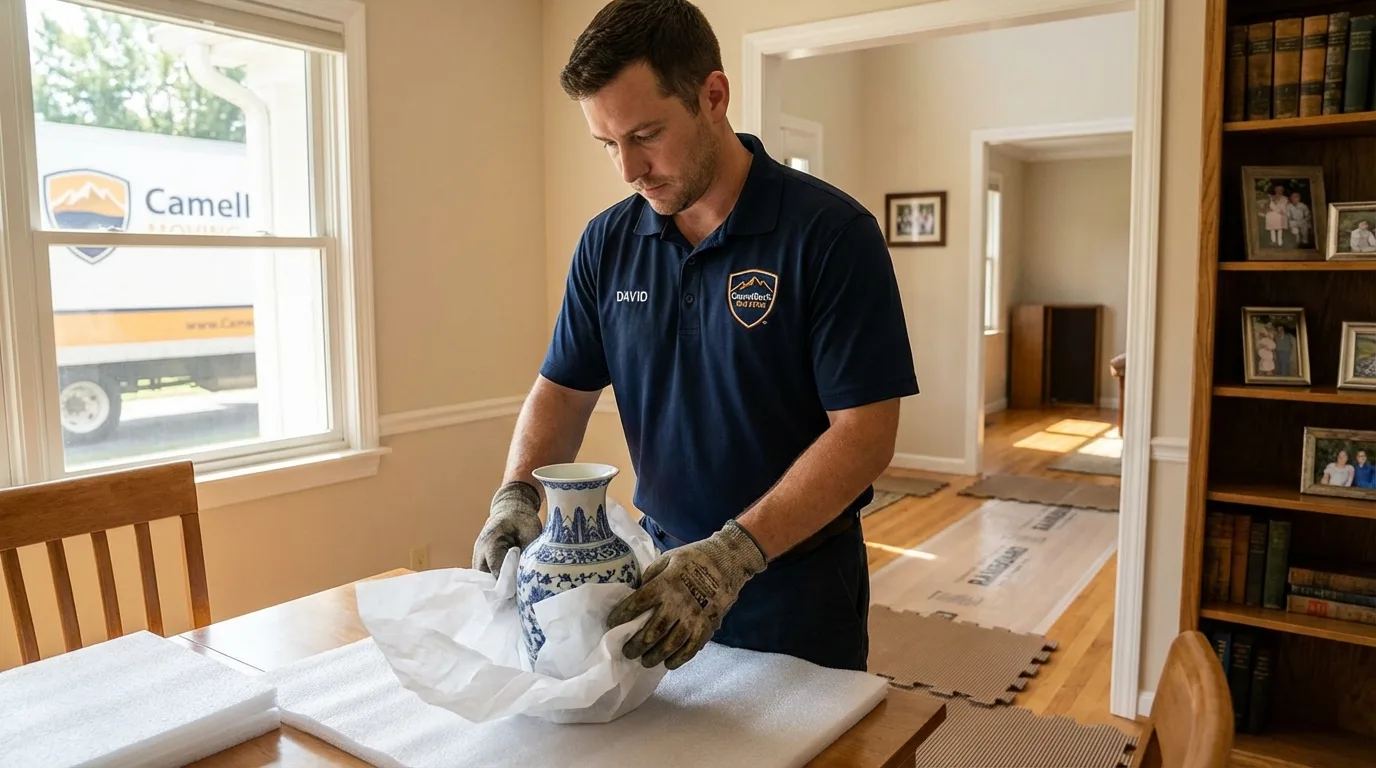 Professional crew carefully wrapping antique vase for senior downsizing move in Canastota, NY